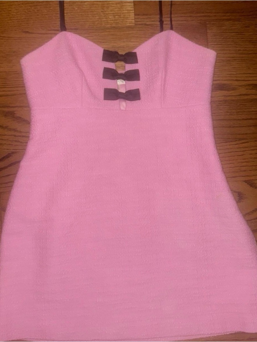 LoveShackFancy Pink Strapless Tweed Top with Black Bow Accents